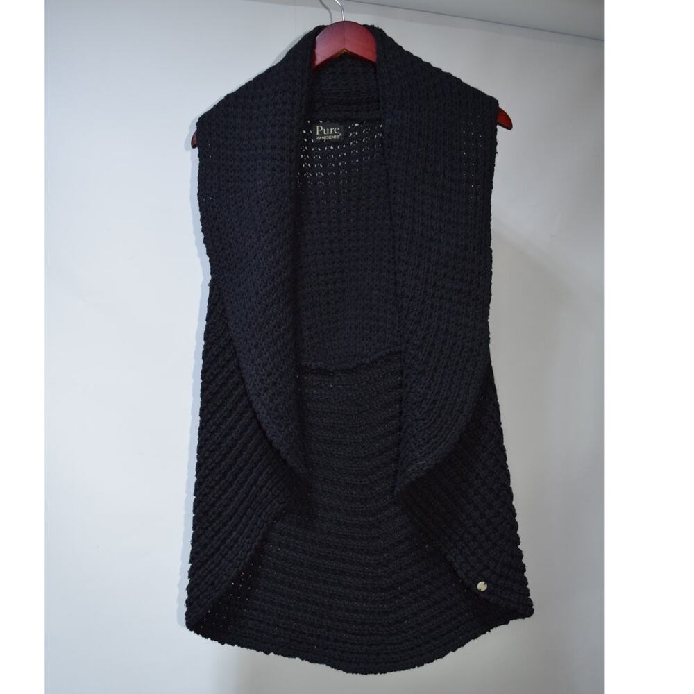 Pure Handknit Black Chunky Knit Draped Open Front Sweater Vest OS